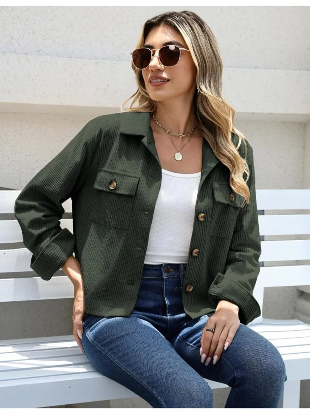 Women's Green Fashion Cropped Corduroy Button Down Long Sleeve Trendy Jacket